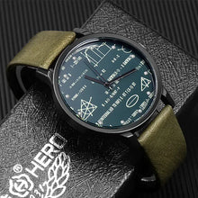 Load image into Gallery viewer, Casual-style watch with green leather strap, modern design, on black textured box.