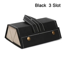 Cargar imagen en el visor de la galería, Black 3-slot portable eyeglasses storage case in PU leather with handle and metal accents, ideal for stylish eyewear organization.