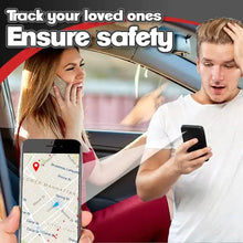 Load image into Gallery viewer, Couple using eThings Ultra Mini GPS Tracker on smartphone for safety and real-time location tracking.