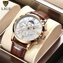 Load image into Gallery viewer, Luxury LIGE men's watch with vegan leather strap and chronograph function displayed in elegant gift box, brand new and authentic.