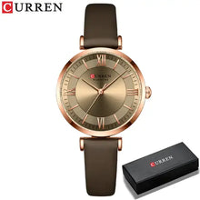 Cargar imagen en el visor de la galería, Classic Clock Leather Watch with brown leather strap and traditional clockface by Curren, featuring quartz movement and water resistance.