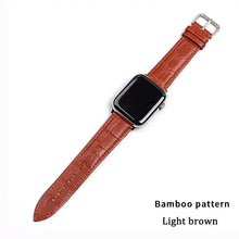 Cargar imagen en el visor de la galería, Light brown bamboo pattern leather band for Apple Watch, 38mm to 44mm. Elegant accessory to upgrade your iWatch style.