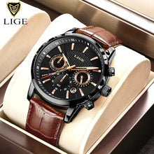 Load image into Gallery viewer, LIGE luxury men's watch with brown vegan leather strap, black dial, chronograph sub-dials in original box with warranty.