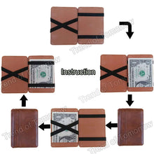 Cargar imagen en el visor de la galería, Step-by-step guide for using leather magic wallet with cash and card slots, showcasing sleek design and organization features.