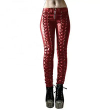 Load image into Gallery viewer, Steampunk vegan leather skinny pants in red with lace-up design, edgy fashion style.