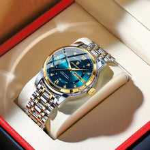 Load image into Gallery viewer, Luxury men's watch with gold and silver detailing, featuring a blue dial, showcasing elegance and precision in a stylish presentation box.