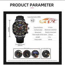 Cargar imagen en el visor de la galería, Men's Casual Leather Watch with quartz movement, detailed product specifications, case diameter 42mm, and calendar feature.