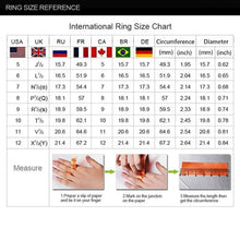 Cargar imagen en el visor de la galería, International ring size chart with measurement guide and country-specific sizing information for accurate selection.
