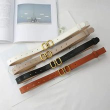 Cargar imagen en el visor de la galería, Elegant leather designer belts for women in white, beige, black, and brown with gold buckles, showcasing sophistication and style.
