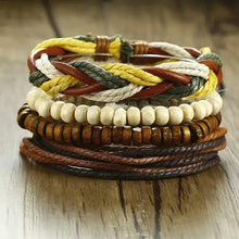 Cargar imagen en el visor de la galería, Vnox 4-piece vegan leather wrap bracelet set with ethnic design and zinc alloy accents for men.