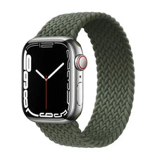 Load image into Gallery viewer, Olive green nylon elastic strap for Apple Watch, compatible with 38mm to 45mm models, featuring a stretchy braided design.