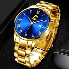 Charger l'image dans la galerie, Gold minimalist men's watch with blue dial, sleek and elegant design for timeless style.