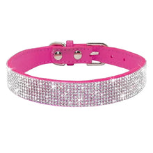 Cargar imagen en el visor de la galería, Sparkling pink leather pet collar with rhinestones and adjustable buckle for puppies and cats.