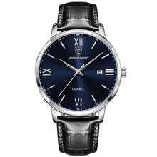 Cargar imagen en el visor de la galería, Luxury men's quartz watch with a black vegan leather strap and blue dial, Roman numerals, imported design.