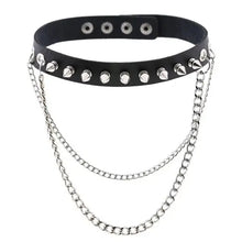 Cargar imagen en el visor de la galería, Black leather choker with silver studs and chain accents, edgy and stylish accessory for bold fashion statements
