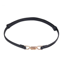 Cargar imagen en el visor de la galería, Adjustable black leather dress belt with gold buckle for a sleek, sophisticated look.