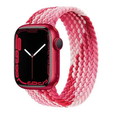 Load image into Gallery viewer, Red and pink braided nylon Apple Watch strap for Series 7, compatible with 38mm, 40mm, 42mm, 44mm, and 45mm models.