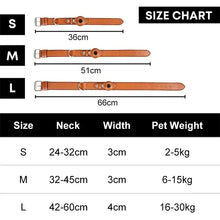 Cargar imagen en el visor de la galería, Size chart for leather anti-lost dog collar showing small, medium, and large sizes with dimensions and pet weight guidelines.