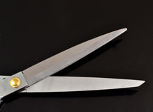 Cargar imagen en el visor de la galería, eZthings Heavy Duty Scissors with ultra-sharp blades for cutting arts, craft fabrics, and upholstery, 12-inch design on black background.