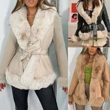 Load image into Gallery viewer, Collage of three women wearing Autumn/Winter PU leather coats with fur collars and lace-up waists in beige and black colors.