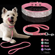Cargar imagen en el visor de la galería, Pink leather dog collar and leash set with sparkling details, featuring a happy dog wearing the collar, available in various colors.