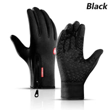 Load image into Gallery viewer, Black waterproof winter gloves with phone touch capability, featuring zip closure and textured grip for smart device use.