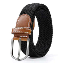 Cargar imagen en el visor de la galería, Elastic leather belt with alloy buckle, vegan leather design, showcasing comfort and style for versatile fashion wear.