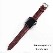 Cargar imagen en el visor de la galería, Dark brown bamboo pattern leather band for Apple Watch with buckle clasp, shown on a white background.