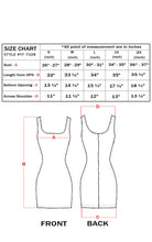 Cargar imagen en el visor de la galería, Size chart and design for tank fitted stretchy sleeveless bodycon party dress, available sizes S-XXL with measurements in inches.