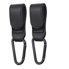 Cargar imagen en el visor de la galería, PU Leather Baby Stroller Hooks with 360-degree rotation for organizing bags and toys on pram, black, pack of 2.