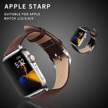 Cargar imagen en el visor de la galería, Brown leather band for Apple Watch, compatible with Series 1-5, displayed on a watch face, stylish accessory for any occasion.