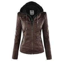 Load image into Gallery viewer, Gothic faux leather jacket with hoodie, designed for bold, edgy style and comfort; perfect for expressing unique fashion sense.