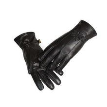 Load image into Gallery viewer, A pair of black Reed women's genuine leather warm lined driving gloves with a leather bow tie.