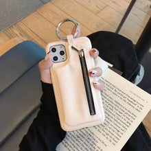 Cargar imagen en el visor de la galería, Luxury Zipper PU Leather Wallet Case for iPhone in hand, showcasing elegant design and functionality with zipper closure.