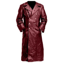 Load image into Gallery viewer, Vegan leather trench coat in maroon with button closure and lapel collar, ideal for stylish winter wear.