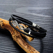 Cargar imagen en el visor de la galería, Classic Hand Woven Multi-Layered Vegan Leather Bracelet with Alloy Accent, Elegant Black Design on Wooden Background