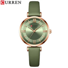 Cargar imagen en el visor de la galería, Classic Clock Leather Watch with green strap and Roman numeral clockface, water-resistant, elegant women's wristwatch for any outfit.