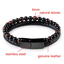Charger l'image dans la galerie, Genuine leather bracelet with 6mm natural stone beads and stainless steel clasp, offering sophistication and style.