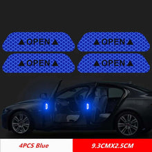 Load image into Gallery viewer, Blue car door reflective warning tape for enhanced vehicle safety and visibility at night, set of four, 9.3cm x 2.5cm.