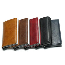 Cargar imagen en el visor de la galería, Assorted vegan leather credit card holders for men in various colors, showcasing sleek design and RFID-blocking features.