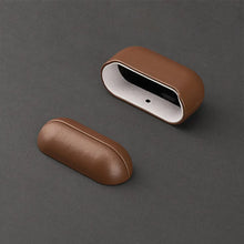 Cargar imagen en el visor de la galería, Brown genuine leather AirPods case on dark background, showcasing durable protection and stylish design.