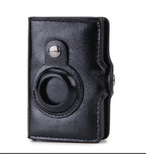 Load image into Gallery viewer, Black Airtag money bag wallet made from synthetic leather, featuring a secure holder for organization and style.