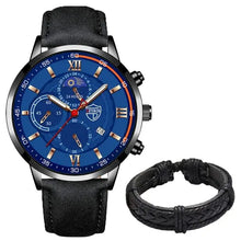 Cargar imagen en el visor de la galería, Men's casual leather watch with blue dial and black band, accompanied by black braided bracelet, showcasing timeless elegance.
