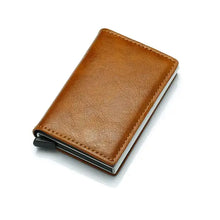 Cargar imagen en el visor de la galería, RFID-blocking vegan leather credit card holder, sleek brown design for men, minimalist and secure wallet for bank cards.