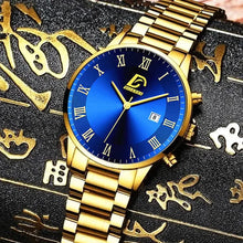 Charger l'image dans la galerie, Luxury gold-tone watch with a deep blue face featuring Roman numerals and a date display, set against ornate background.
