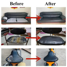 Charger l'image dans la galerie, Before and after image of repaired leather couch, chair, and bike seat using leather patching solution.