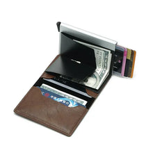 Cargar imagen en el visor de la galería, RFID-blocking leather credit card holder for men with cash and cards, showcasing sleek design and vegan leather material.