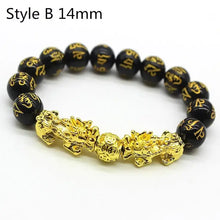 Load image into Gallery viewer, Feng Shui Wealth Bracelet with black beads and gold Pixiu charm for prosperity - Style B 14mm