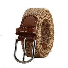 Cargar imagen en el visor de la galería, Elastic vegan leather belt with alloy buckle in beige and brown, designed for comfort and style