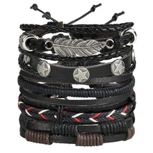 Charger l'image dans la galerie, Stylish multilayer leather bracelet with stars and feather design, perfect for adding rugged elegance to any outfit.